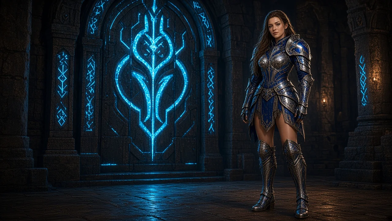 Heroic knight in cobalt plate at the dungeon gate